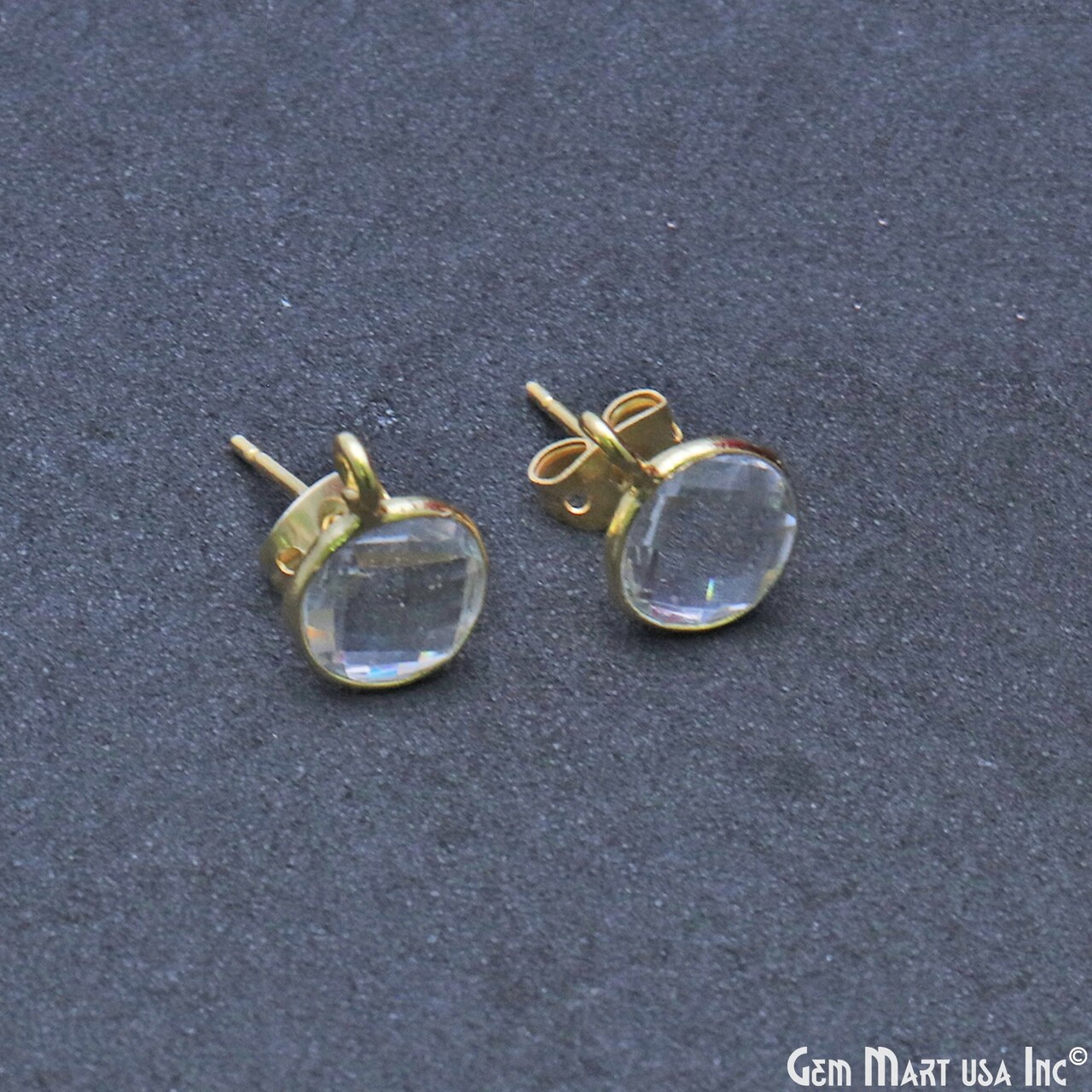 Round Gemstone Stud Earrings with Loop, 12x9mm Gold Plated DIY Earring Findings, GemMartUSA (90023)